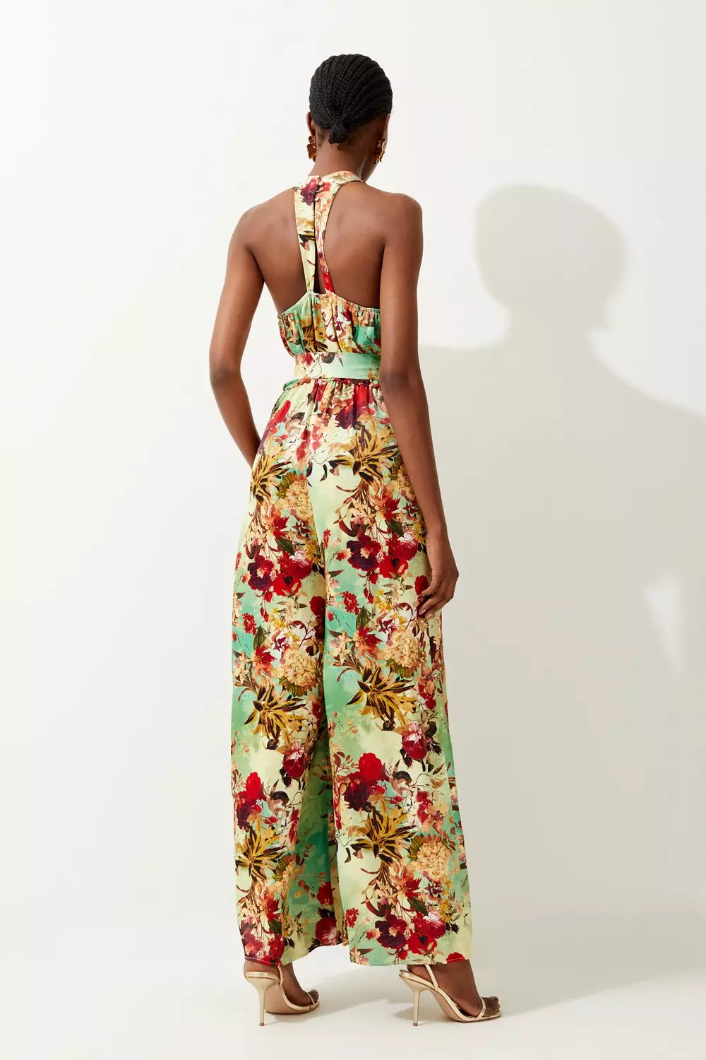 ASOS DESIGN satin halter neck backless wide leg jumpsuit in floral print