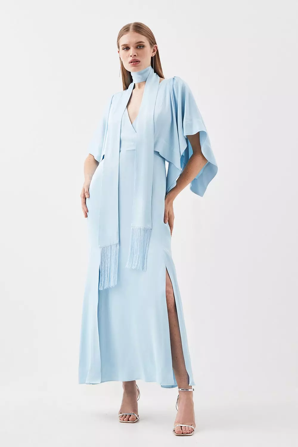 Petite Satin Crepe Tie Neck Woven Maxi Dress | Karen Millen