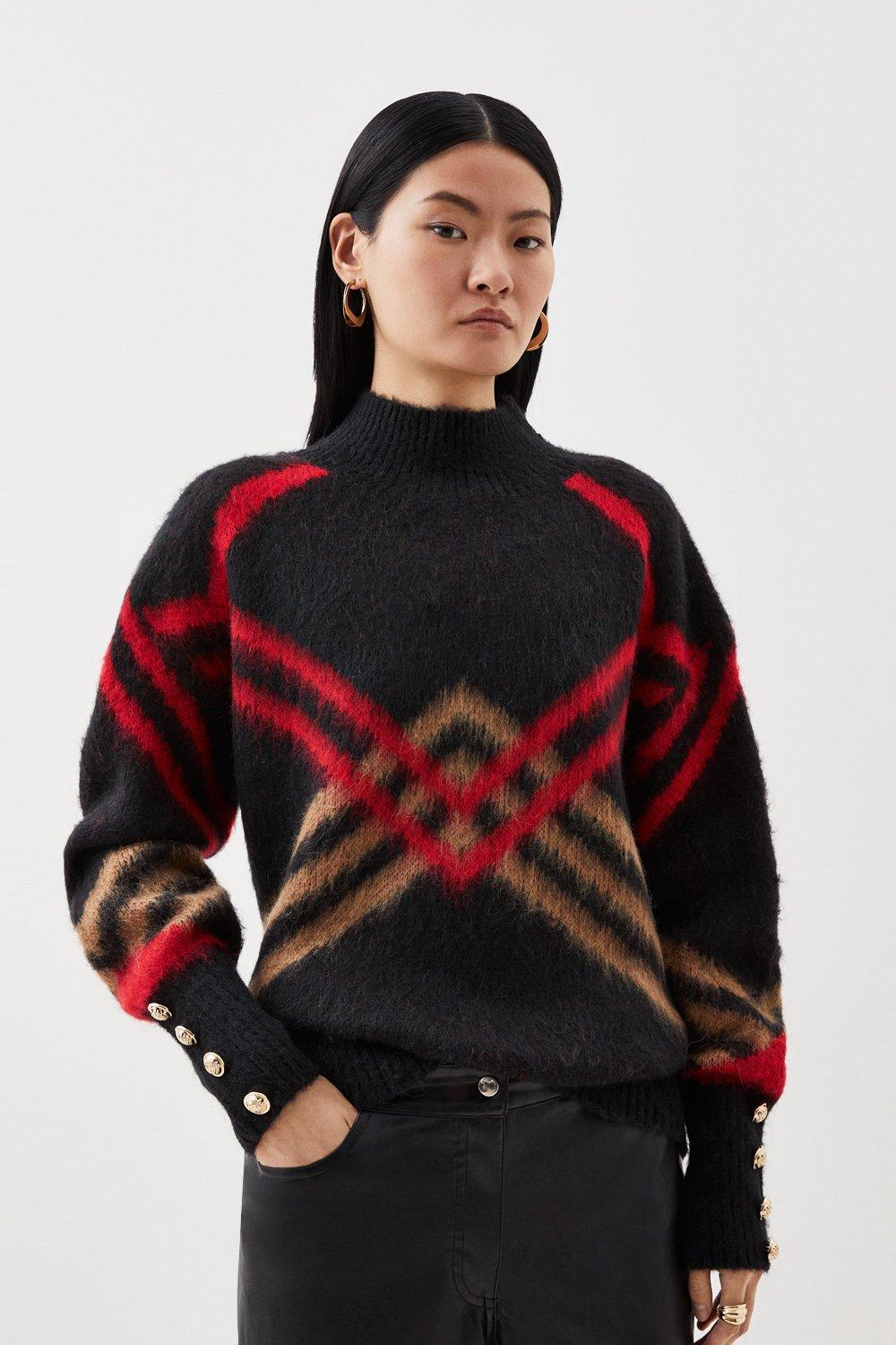 Brushed Jacquard Flannel Tunic Knit Sweater | Karen Millen