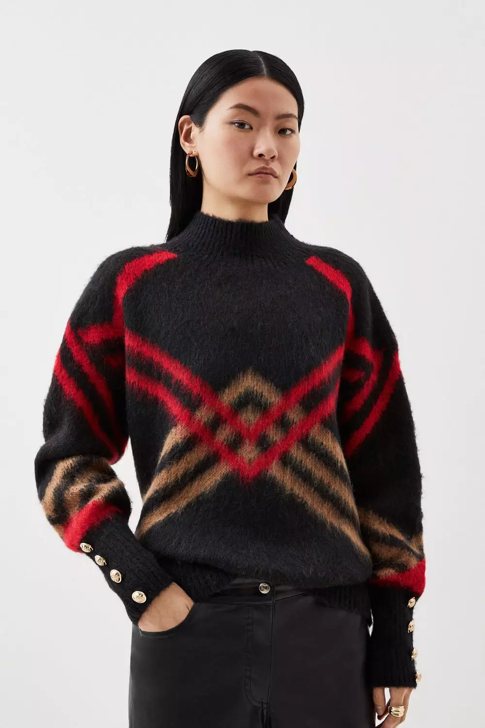 Brushed Jacquard Mono Houndstooth Knit Tunic Sweater