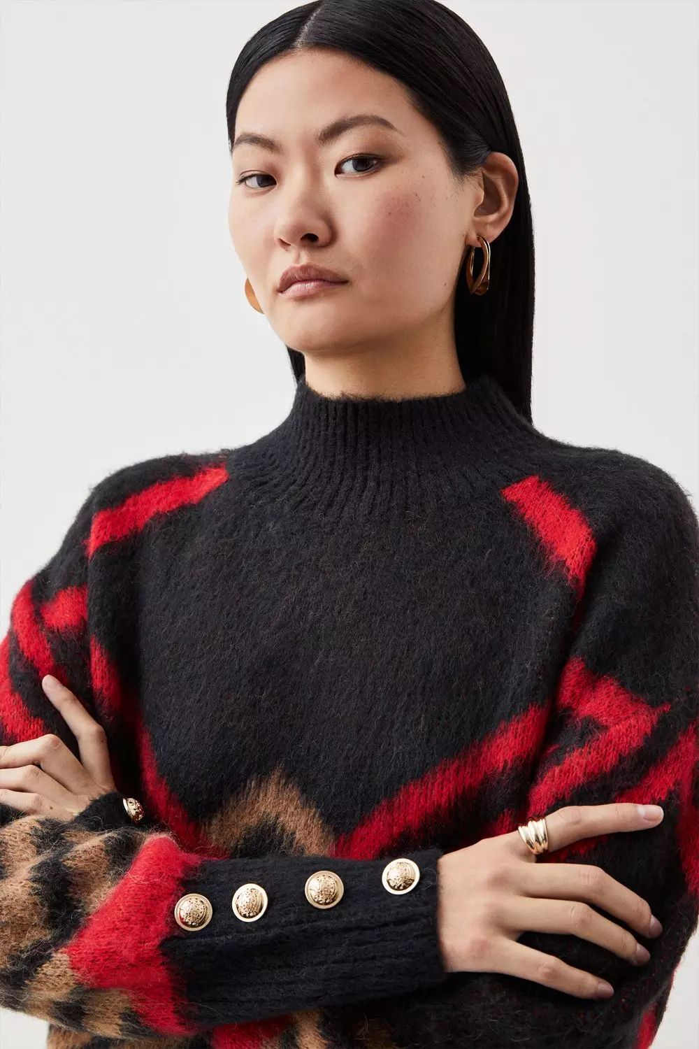 Brushed Jacquard Mono Houndstooth Knit Tunic Sweater | Karen Millen