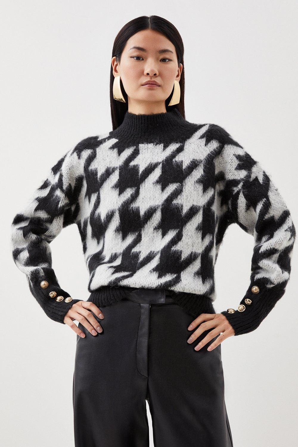 Houndstooth Jacquard-Knit Wool Sweater