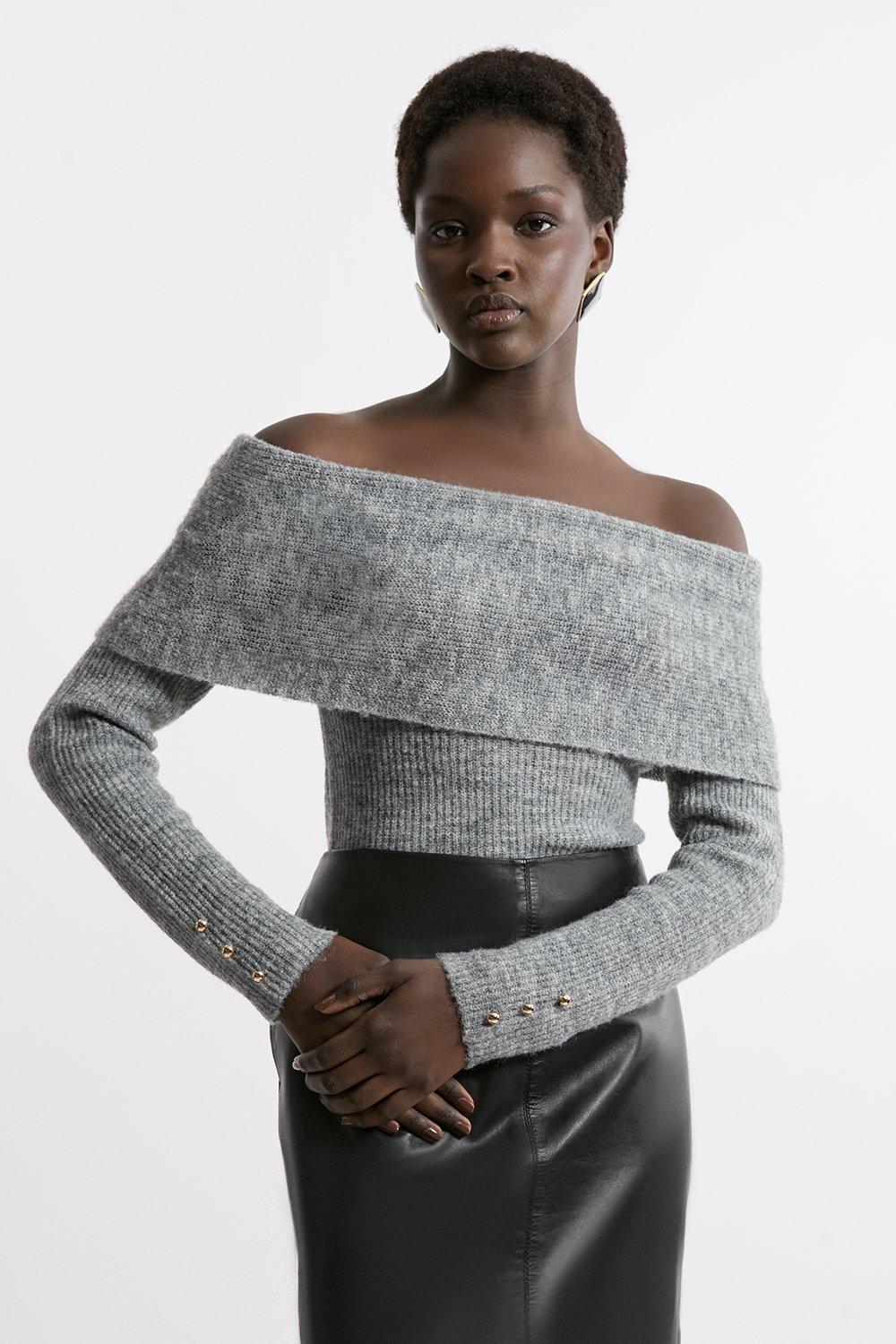 Wool Blend Cosy Bardot Knit Jumper - Grey Marl