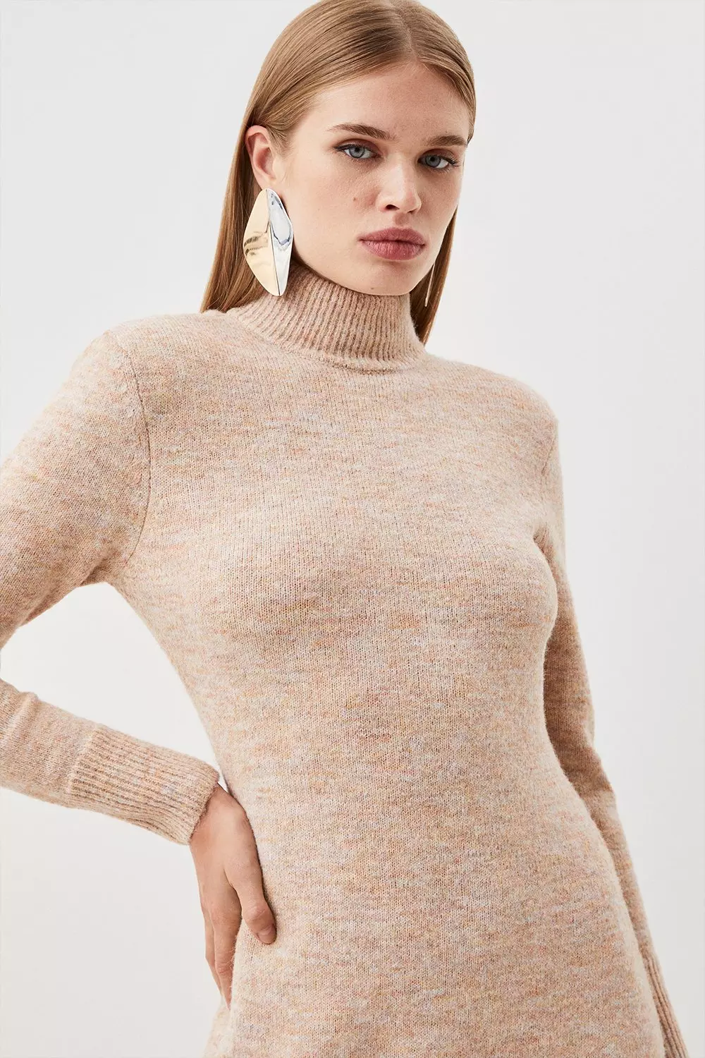 Wool Blend Cosy Roll Neck Open Back Knit Dress