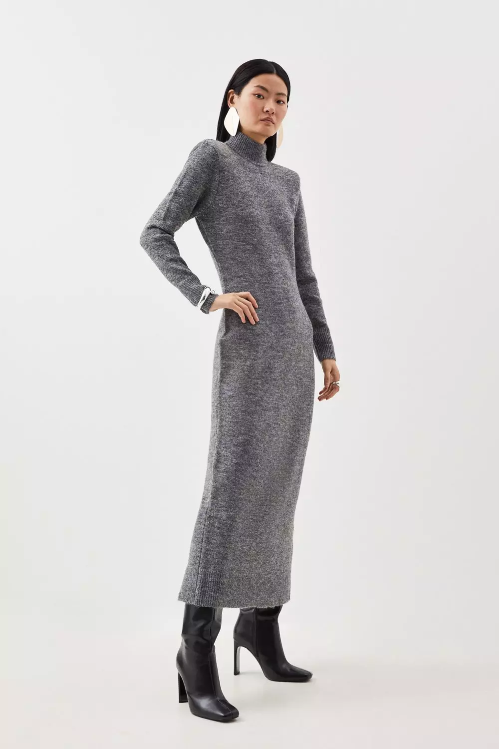 Wool Blend Cosy Turtleneck Open Back Knit Dress