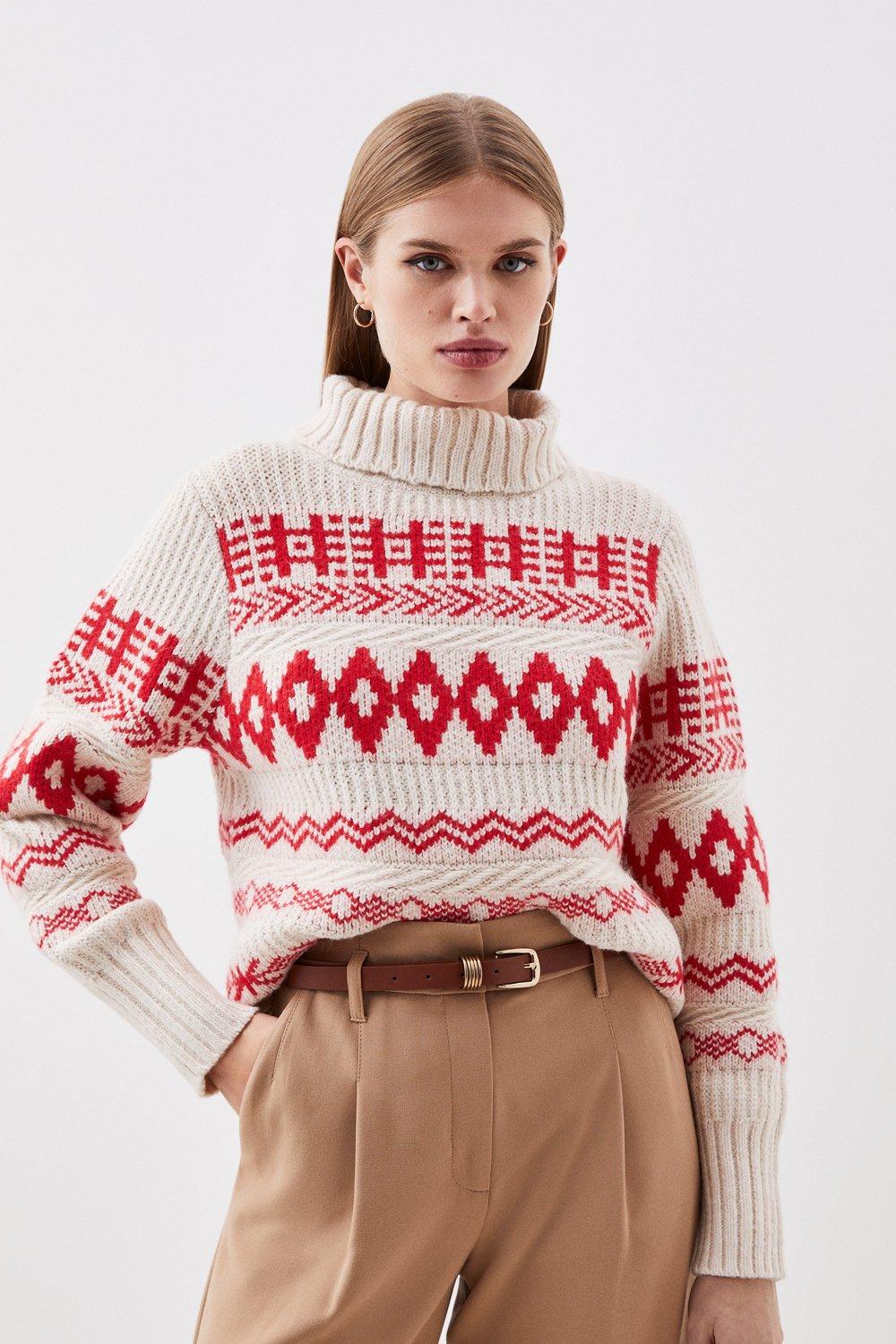 Women's Merino Wool Jacquard Crew Neck Sweater | Winter Sweaters | MUJI USA Off White Pattern / Xs