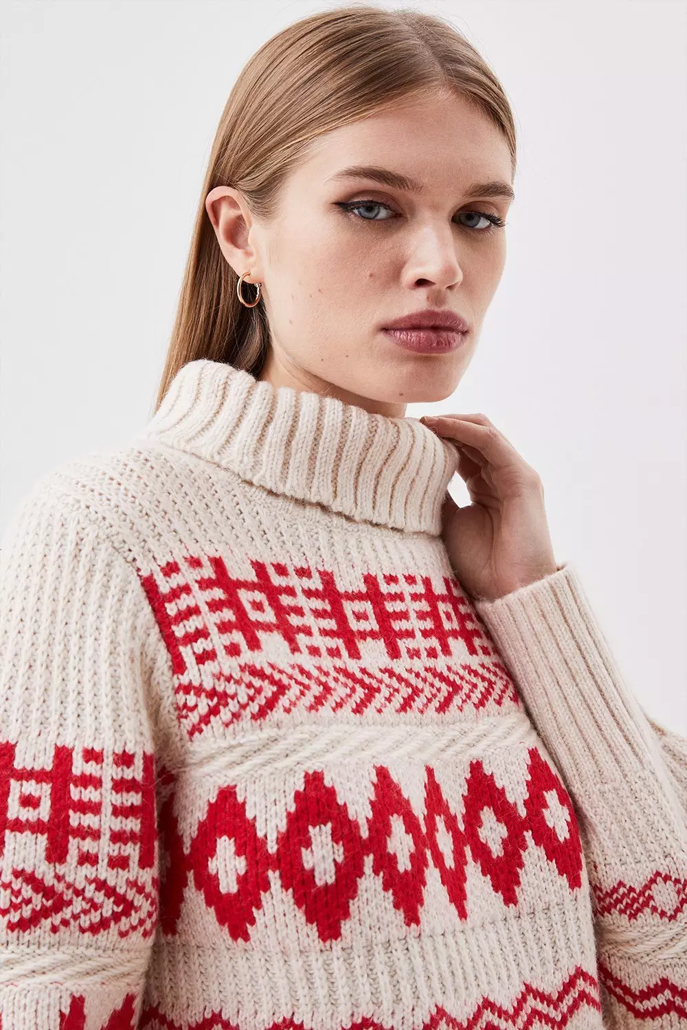 Wool Blend Fair Isle Turtleneck Knit Sweater