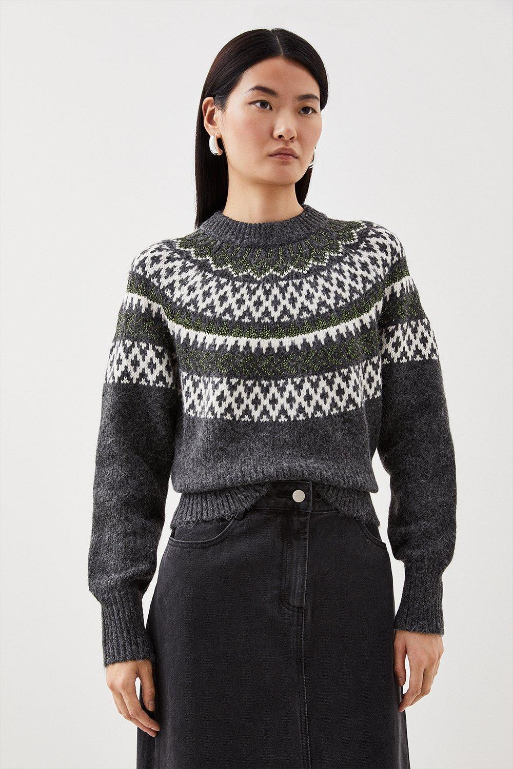 Wool Blend Fair Isle High Neck Knit Jumper | Karen Millen