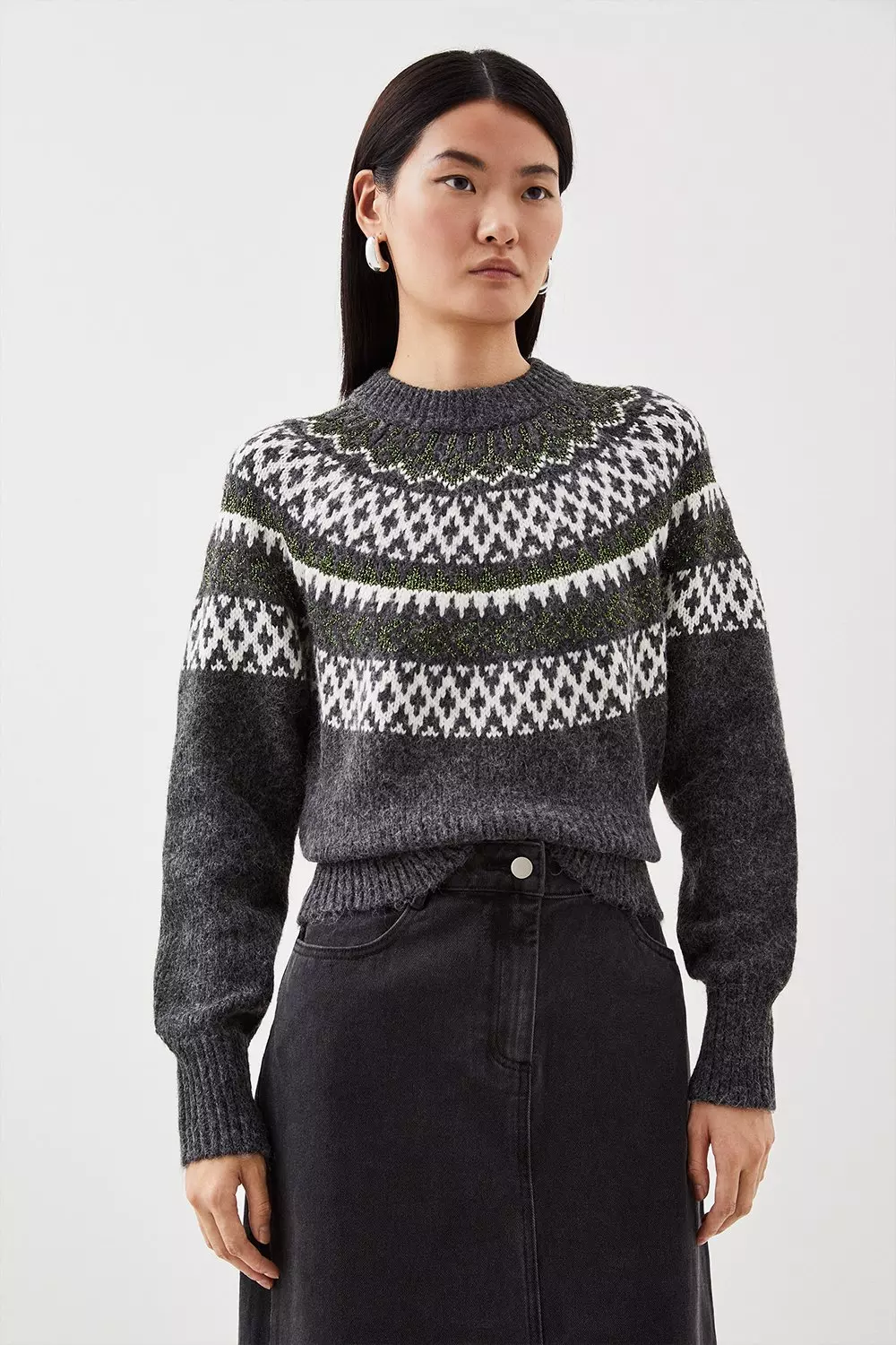 Wool Blend Fair Isle High Neck Knit Sweater