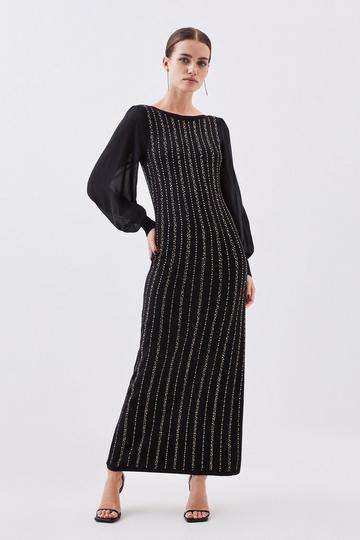 Black Petite Embellished Chiffon Sleeve Knit Midaxi Dress