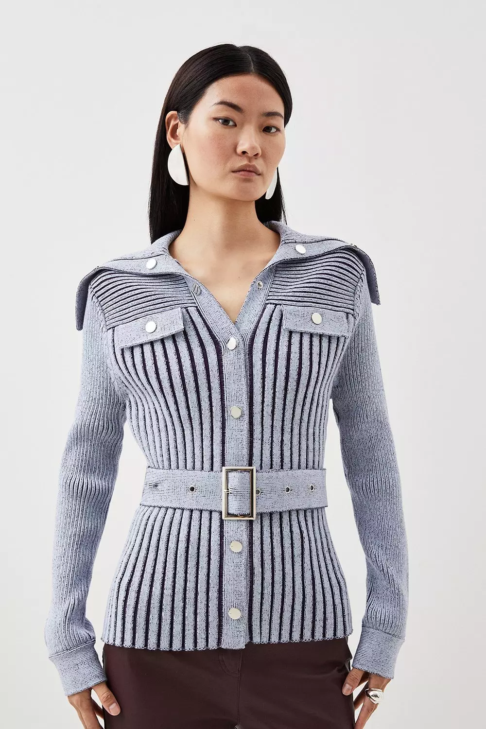 Viscose Blend Belted Utility Chambray Rib Knit Cardigan | Karen Millen