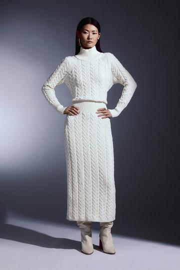 Cable Knit Funnel Neck Maxi Dress ivory