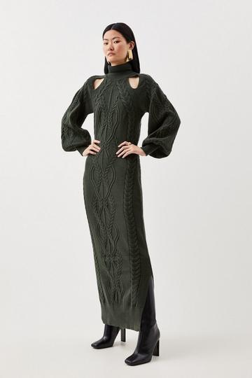 Viscose Blend Cable Knit Cut Out Funnel Neck Maxi Dress olive