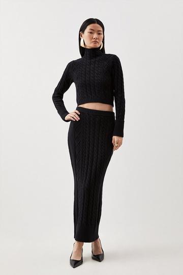 Black Cable Knit Midi Skirt