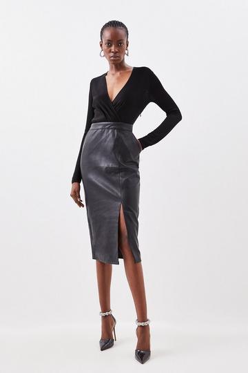 Pu Skirt Sheer Knit Midi Dress black
