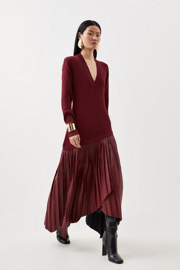 Burgundy Red Pu Knit Belted Midi Dress