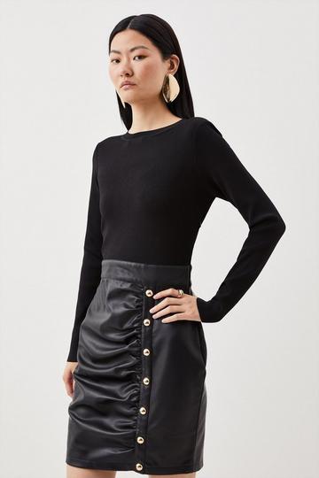 Black Pu Knit Ruched Skirt Midi Dress