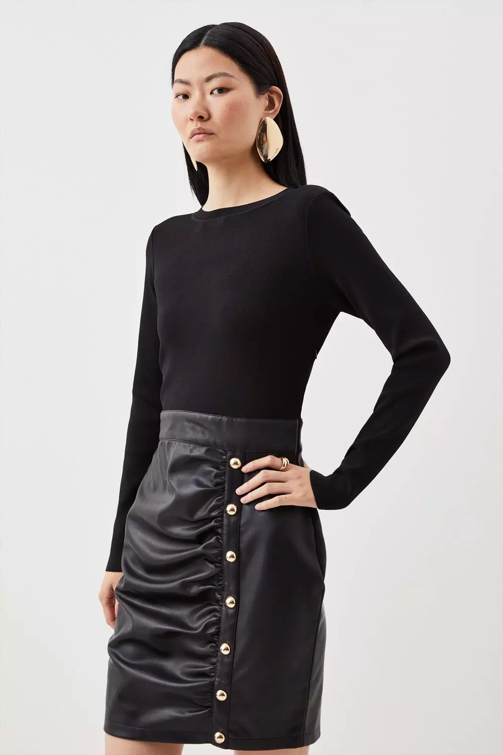 Pu Knit Ruched Skirt Midi Dress Karen Millen