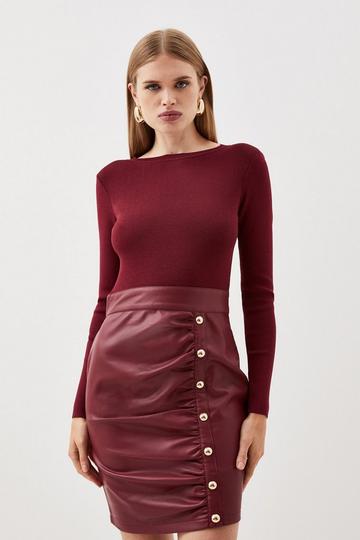 Burgundy Red Pu Knit Ruched Skirt Midi Dress