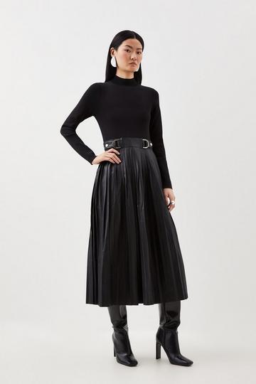 Black Pu Knit Pleated Skirt Midi Dress