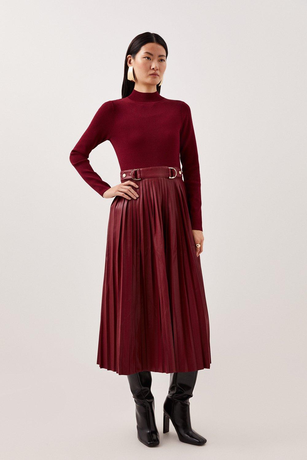 Pu Knit Pleated Skirt Midi Dress - Red