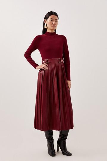 Burgundy Red Pu Knit Pleated Skirt Midi Dress