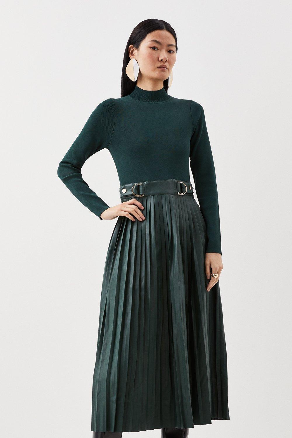 Pu Knit Pleated Skirt Midi Dress - Blue