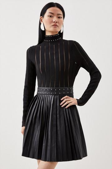Black Pu Knit Pleat Skirt Mini Dress