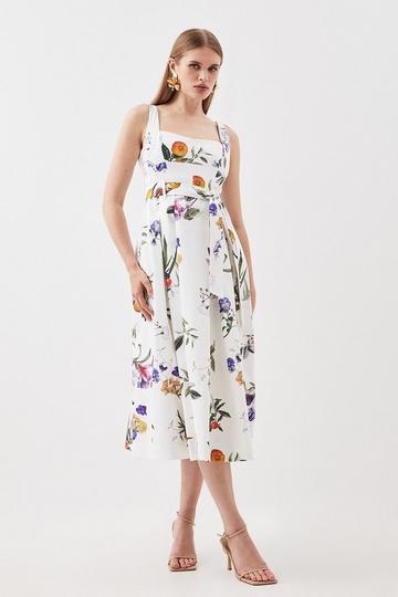 Tailored Fruity Floral Belted Sleeveless Midi Dress multi