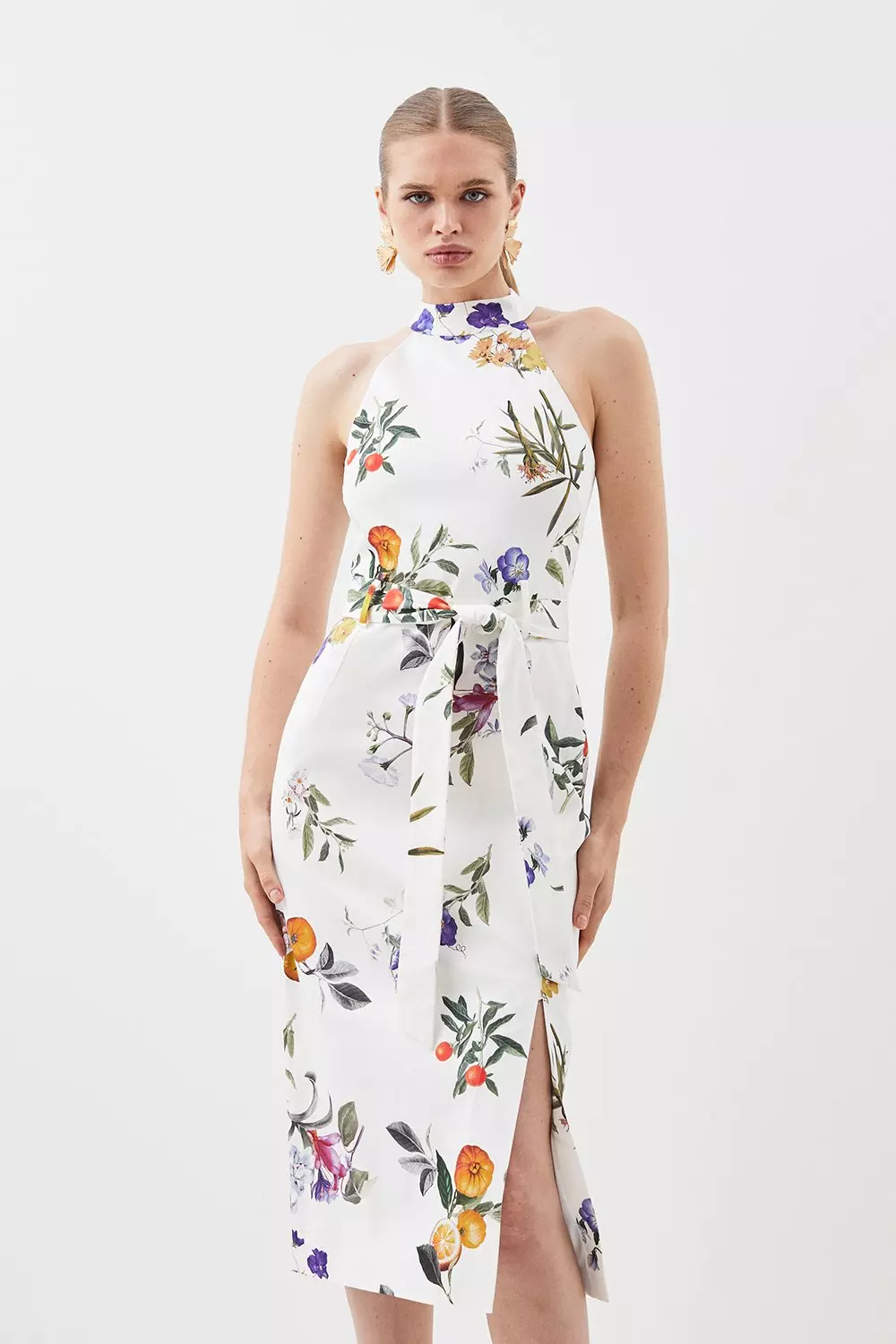 Printed High Neck Belted Midi Waisted Dress