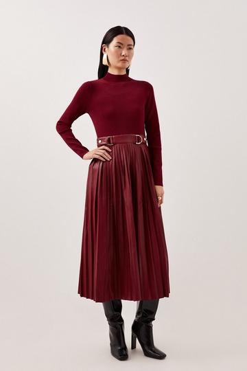 Petite Viscose Blend Knit Pu Pleated Skirt Maxi Dress burgundy