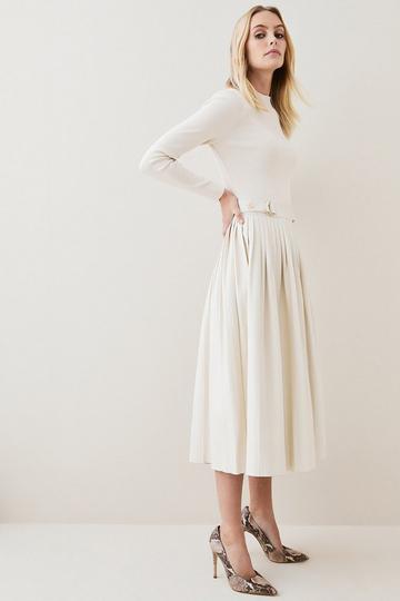 Cream White Petite Viscose Blend Knit Pu Pleated Skirt Maxi Dress
