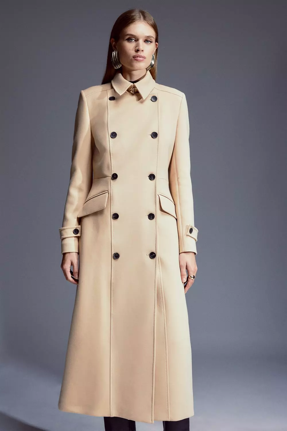 Compact Stretch Double Breasted Stitch Detail Maxi Coat | Karen Millen