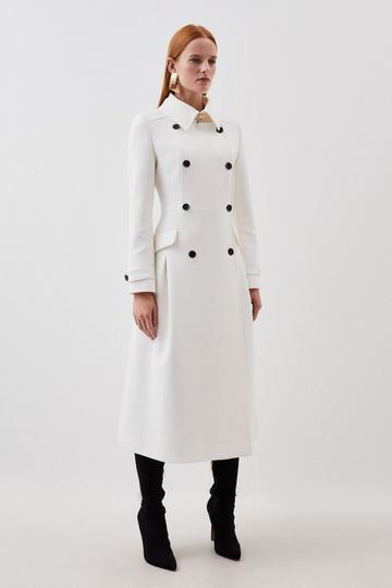 Compact Stretch Double Breasted Pleat Detail Full Skirt Coat ivory