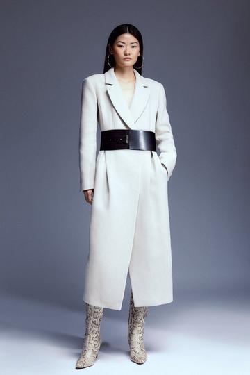 Tailored Wool Blend Belted Midi Coat oatmeal