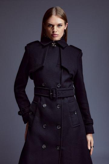 Black Italian Wool Blend Tailored Storm Flap Detail Belted Trench Coat