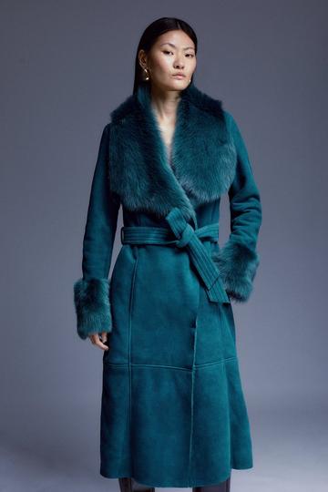 Shearling Cuff And Collar Wrap Belted Coat teal