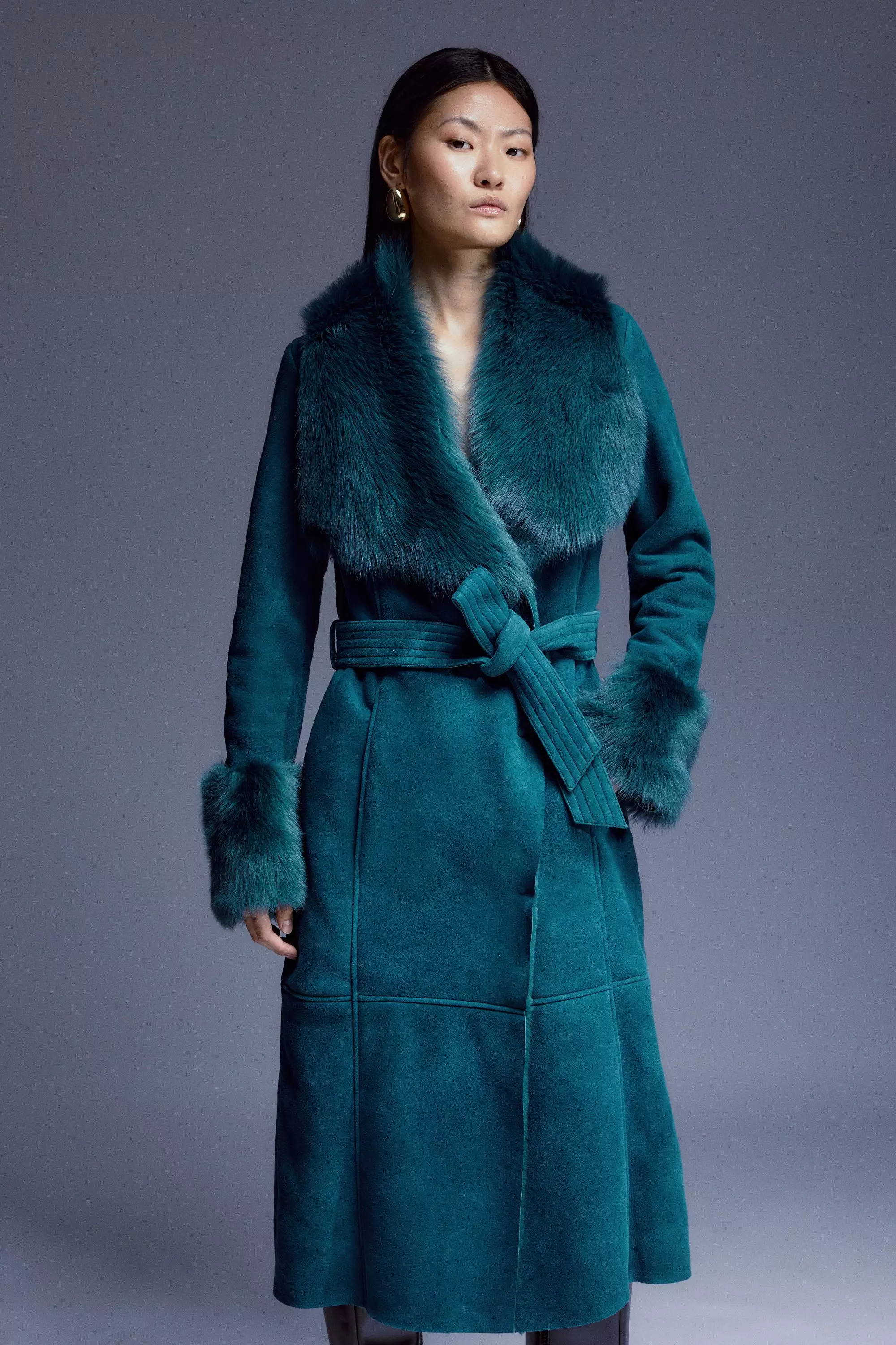 Shearling Cuff And Collar Wrap Belted Coat Karen Millen