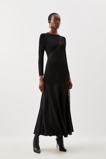 Viscose Sheer Knit Panelled Maxi Dress black