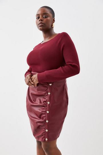 Burgundy Red Plus Size Pu Knit Ruched Skirt Midi Dress