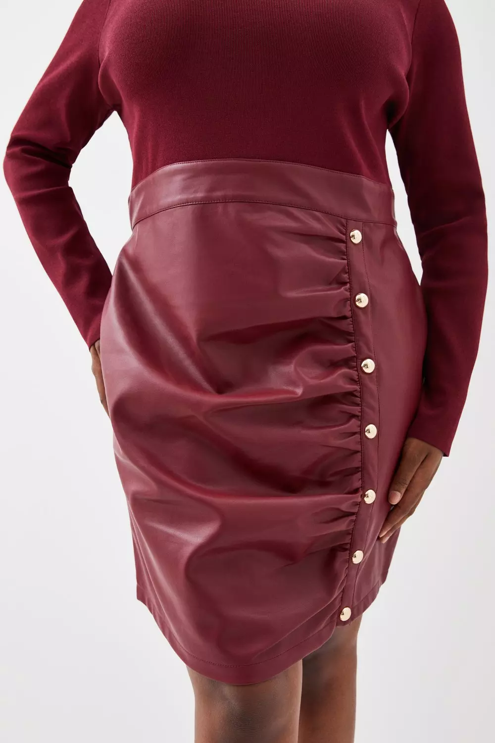 PLUS SIZE RUCHED FAUX-LEATHER DRESS