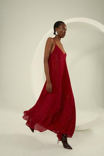 All Over Embellished Georgette Strappy Woven Maxi Dress red