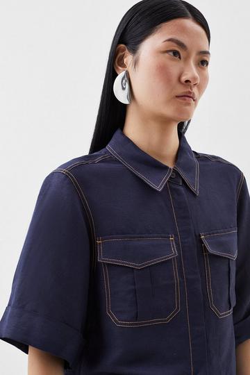 Indigo Topstitch Vicose Linen Cropped Shirt navy