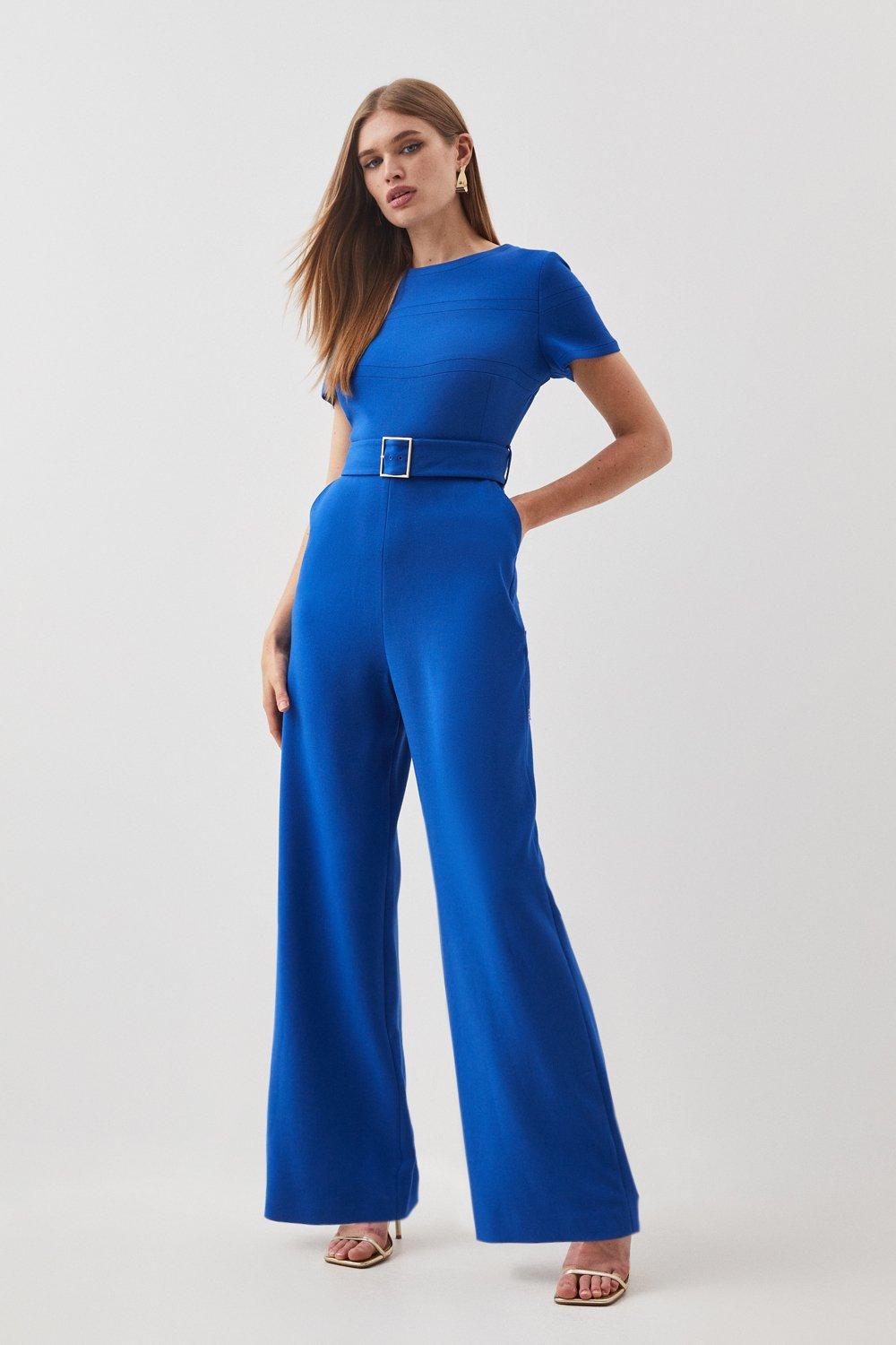 Compact Stretch Belted Straight Leg Jumpsuit
