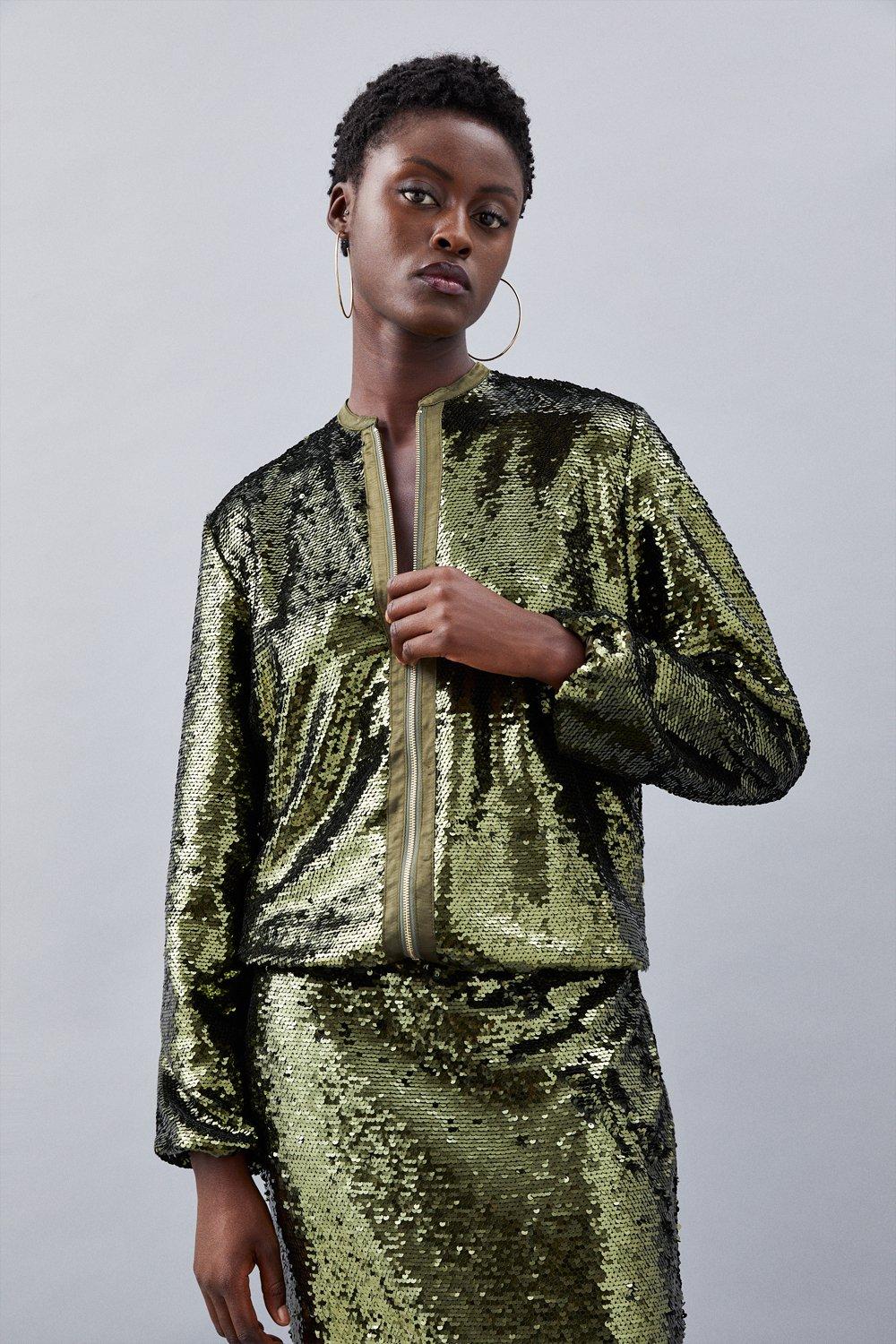 Karen Millen Womens Sequin Woven Bomber Jacket - Khaki/Green - Size 8