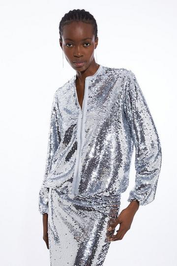 Silver Sequin Woven Bomber Jacket