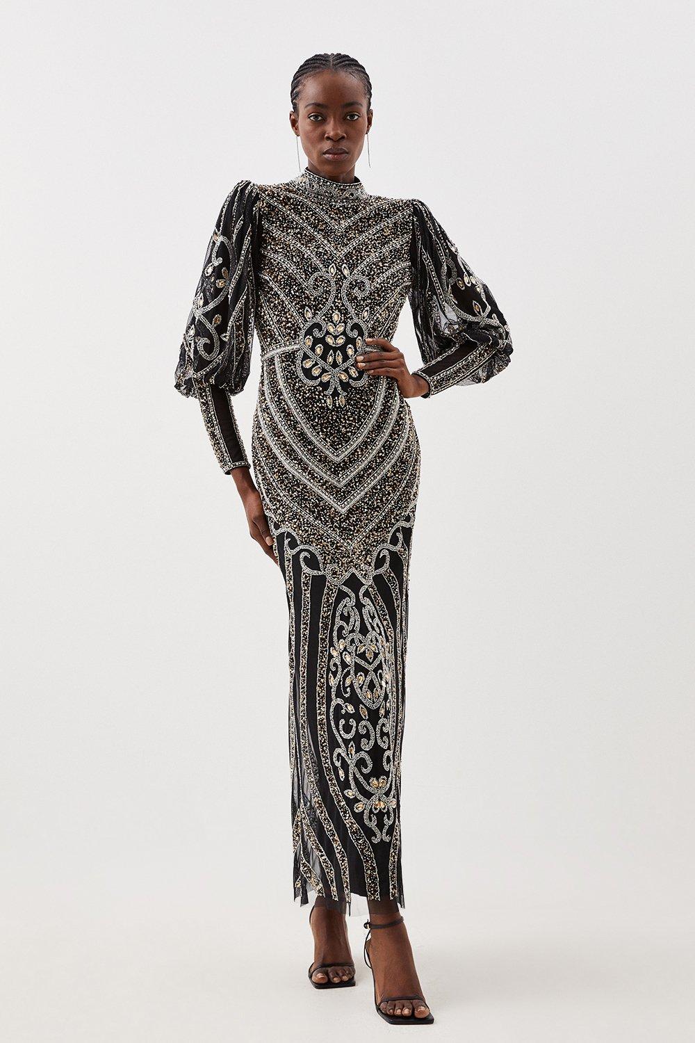 Petite Crystal Embellished Balloon Sleeve Woven Maxi Dress Karen Millen