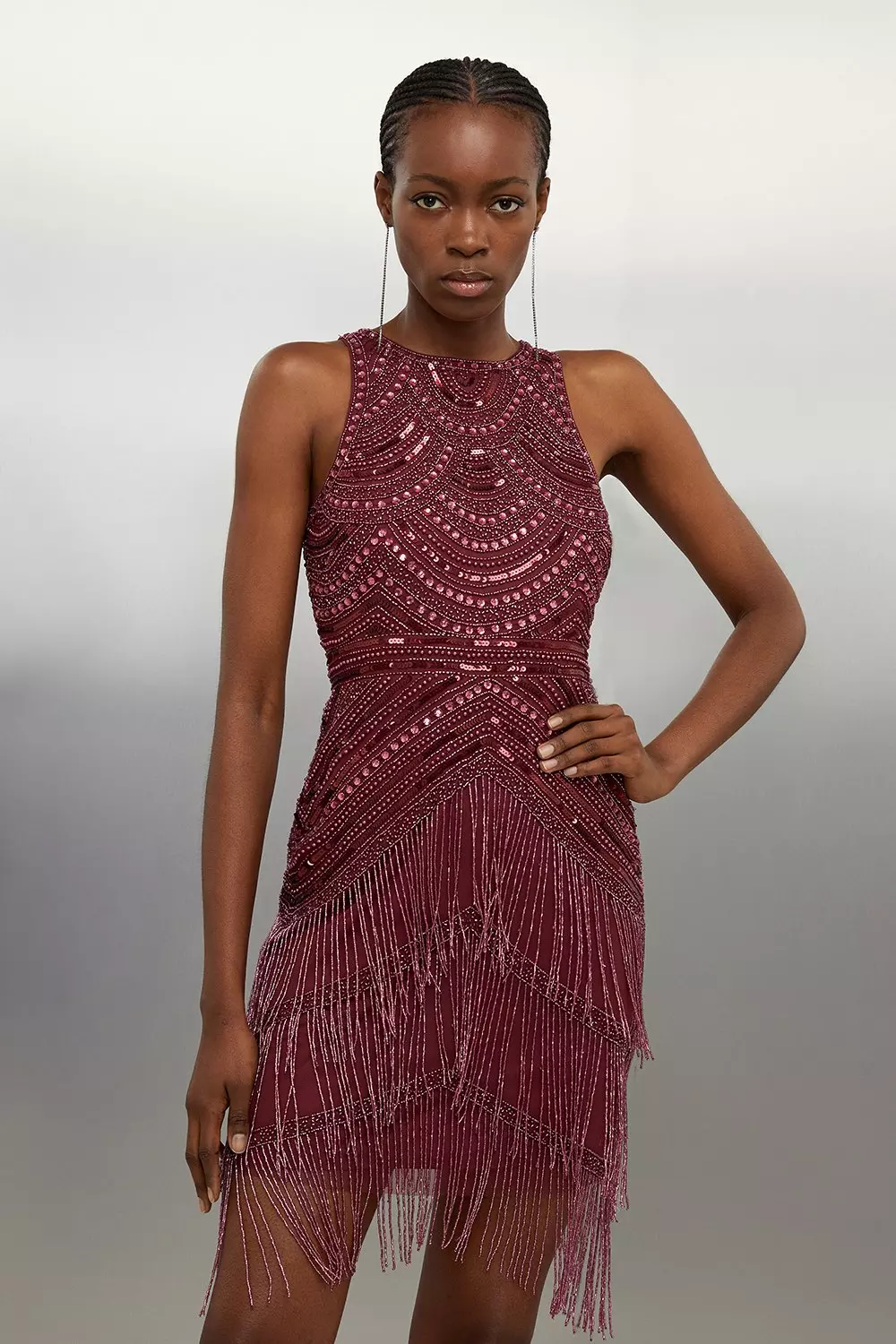 Halter neck fringe clearance dress