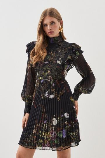 Black Petite Floral Applique Lace Pleated Woven Midi Dress