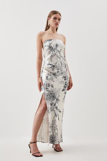 Floral Strapless Premium Satin Panelled Woven Midaxi Dress floral